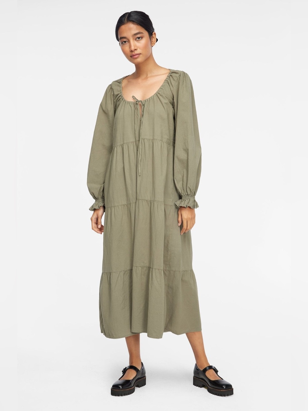 LACAUSA Tate Dress Olive Green Tiered Maxi Puff Sleeve Boho Prairie Lagenlook